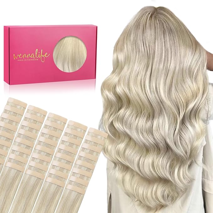 WENNALIFE Tape in Hair Extensions Human Hair, 40pcs 80g 12 inch Ash Blonde Highlighted Platinum Blonde Hair Extensions Real Human Hair Straight Tape in Extensions Invisible Human Hair Extensions
