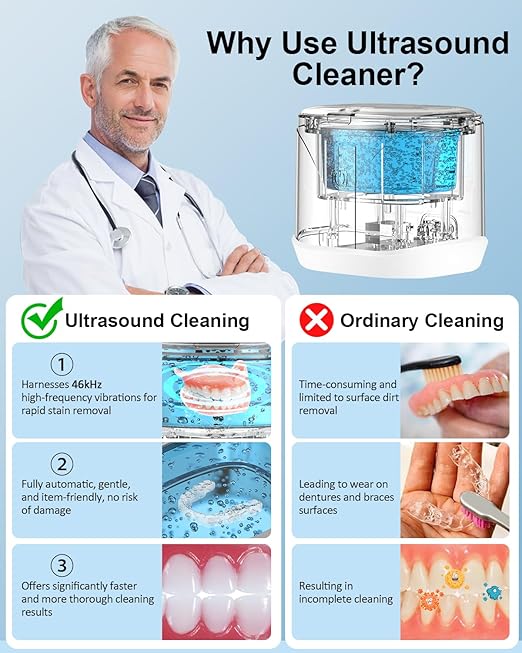 BCOM Retainer Cleaner,Ultrasonic Retainer Cleaner 46kHz Jewelry & Retainer Cleaner,2 in 1 Soinc Machine Dental Cleaning Pod Professional Portable for Retainer,Mouth Guard, Ring and Jewelry Xmas Gift