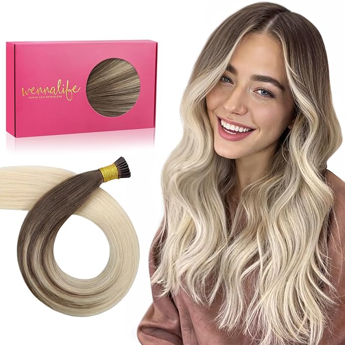 WENNALIFE I Tip Hair Extensions Human Hair, 50g 100s 14 Inch Ombre Sandy Brown to Platinum Blonde Remy Itip Human Hair Extensions Invisible Itips Straight I Tips Fusion Extensions Real Human Hair