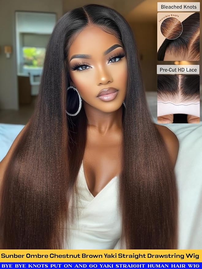 Sunber Yaki Straight Ombre Chestnut Human Hair Wigs with Drawstring Upgrade 3D Cap Put and Go Bye Bye Knots Pre Cut 7x5 HD Lace Front Glueless Yaki Wigs Pre Plucked Invisible Knots 3S Wear 20Inch