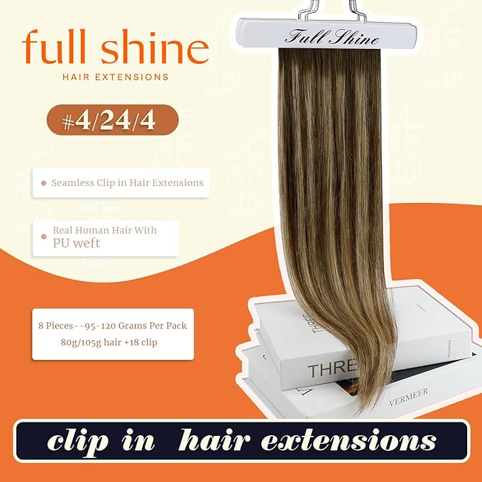Full Shine Brown Extensions clip in Balayage Brown with Blonde Seamless Hair Extension Short 12 Inch Hair Extensions Clip in Human Hair for Women 12 Inch 95 Grams 8 PCS