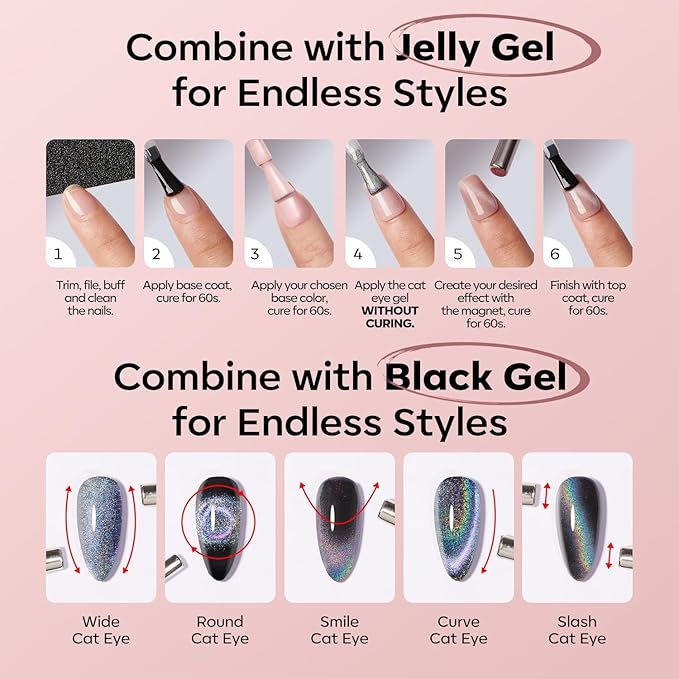 modelones Cat Eye Gel Nail Polish Pink 9D Cateye with Magnet Shimmer Soak Off Reflective Translucent Gel Magnetic Top Coat Nail Polish for Women Girl 15 ML