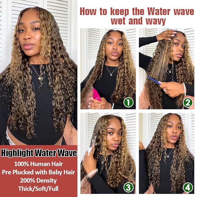 Azibo 200 Density Water Wave 13x5 Full Lace Front Wigs Human Hair Pre Plucked 4/27 Highlight Honey Blonde HD Lace Front Wig Human Hair 28inch…