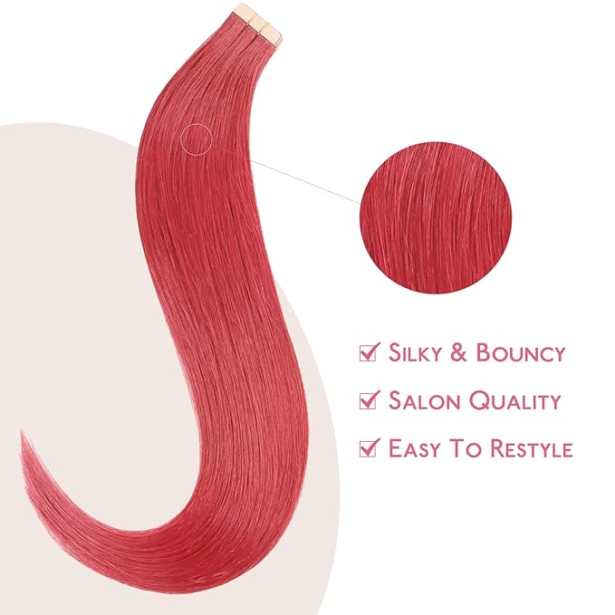 WENNALIFE Tape in Hair Extensions Human Hair Coral Red Tape in Extensions, 10pcs 25g 18 inch Remy Invisible Tape Ins Straight Colored Soft Real Human Hair Tape in Extensions Refill Set Extensions