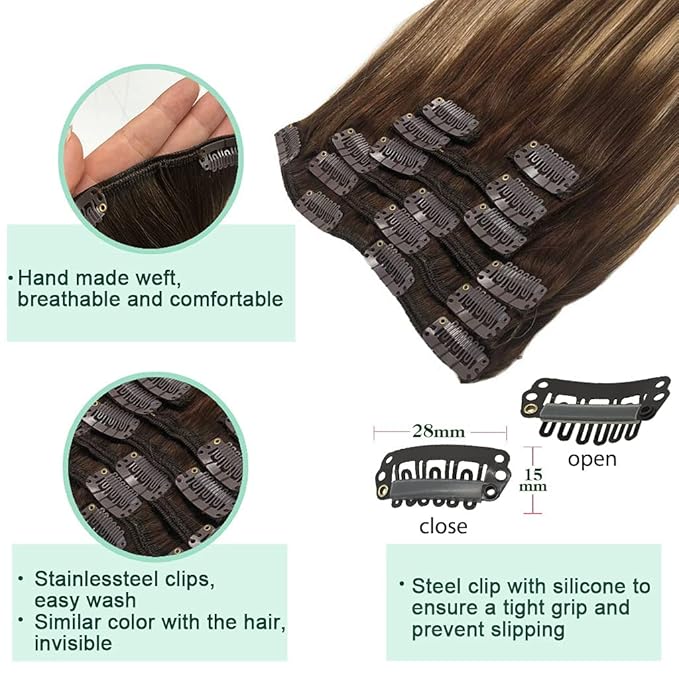 GOO GOO Clip in Hair Extensions Real Human Hair, Remy Human Hair Extensions Clip ins for Women, Natural Human Hair, 14inch 120g 7Pcs, 4/18 Balayage Chocolate Brown Highlighted Dirty Blonde