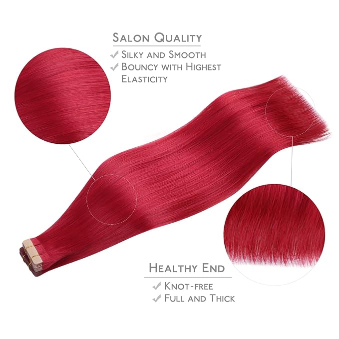 WENNALIFE Tape in Hair Extensions Human Hair, 20pcs 50g 20 inch Red Remy Hair Extensions Straight Human Hair Tape in Extensions Skin Weft Tape Extensions Human Hair