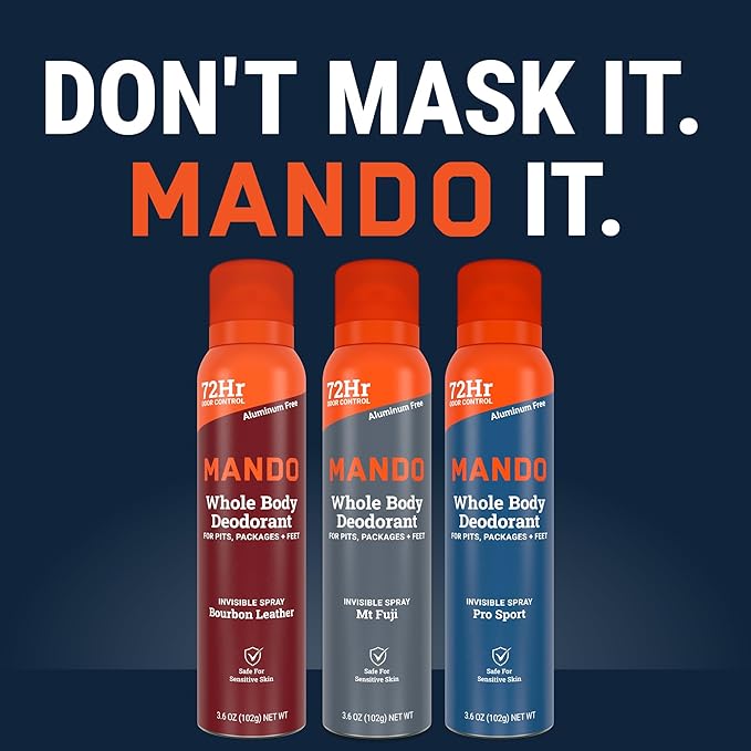 Mando Whole Body Deodorant For Men - Invisible Spray Deodorant - 72 Hour Odor Control - Low Irritation Formula - Aluminum Free, Benzene Free - 3.6 ounce - 3pk - Bourbon Leather, Mt Fuji, Pro Sport