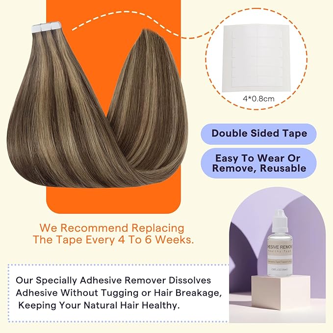 Full Shine Human Hair Extensions Tape in Color 4 Brown with 27 Blonde Highlights 24 Inch Straight Double Sided Remy Tape in Hair Extensions Human Hair 50g Natural Seamless Skin Weft 20PCS for Party