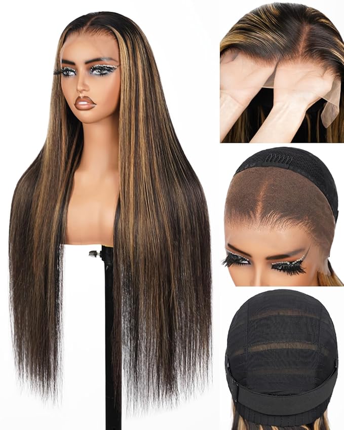 Real Bleached Knots Highlight Lace Front Wigs Human Hair 220% Density Balayage Glueless Wigs 28 inch 13x4 Ombre Straight Lace Front Wig Pre Plucked Human Hair Wigs for Women FB27