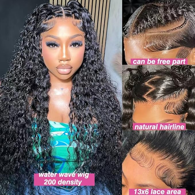 28 Inch Water Wave Lace Front Wigs Human Hair Pre Plucked 13x6 Deep Part HD Lace Frontal Wig 200 Density Curly Human Hair Wig for Women