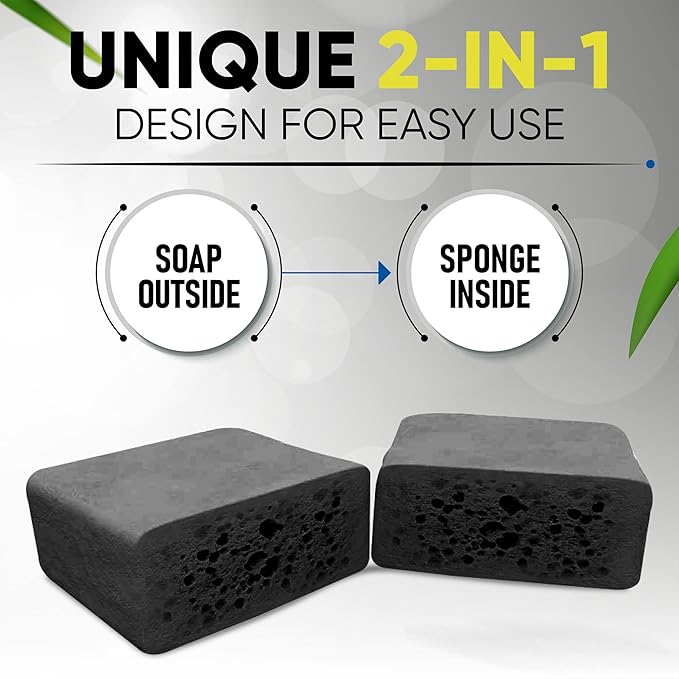 T.Taio Esponjabon Charcoal Soap Sponge - Cleansing Shower Scrubber - Cleaning Bath Wash Scrub - Oil Removal - Massage & Lather Foot, Elbow, & Face - Bathroom Accessories - Charcoal - 2 Pack