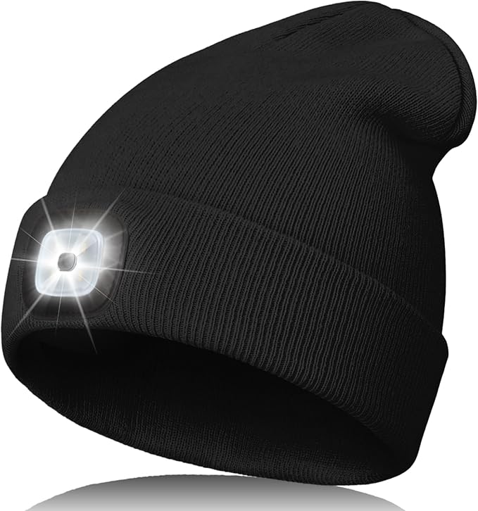 Unisex LED Beanie with Light, Rechargeable Headlamp Hat, Stocking Stuffers Christmas Gifts for Men, Warm Knitted Cap White Elephant Gifts for Dad Adults Teens Men Women Him