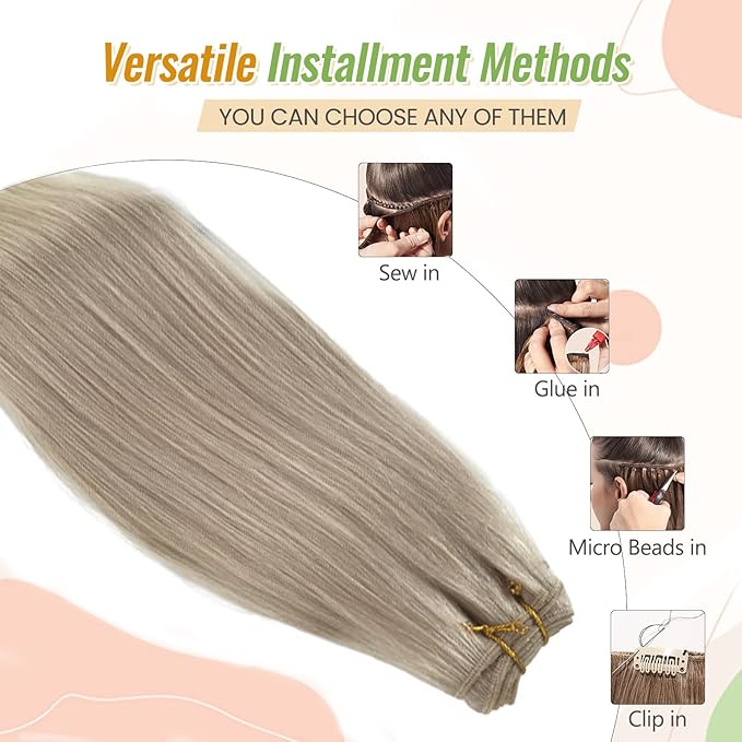 Blonde Weft Hair Extensions Real Human Hair White Blonde Sew in Hair Extensions for Women 22 Inch 120G Double Weft Straight Hand Tied Human Hair Weft Extensions Sew in White Blonde Weft Bundles