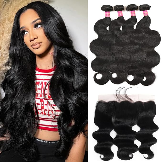12A Body Wave 4 Bundles with Frontal Human Hair Bundles with 13x4 Lace Frontal (16 18 20 22+14 Inch) Brazilian Body Wave Hair Virgin Hair Ear to Ear 13x4 Frontal Natural Black