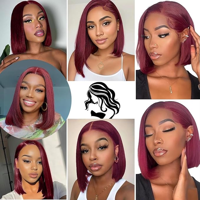 LICHANG 13x4 99J Straight Lace Front Wigs Human Hair Pre Plucked with Baby Hair for Black Women Glueless 12 Inch