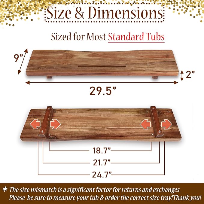 Premium Acacia Wood Bathtub Tray Caddy with Adjustable Legs, Minimalistic Design Bath Tray for Tub, Bathtub Accessories, Fit Standard and Against Wall Bath Tubs, Gift Idea for Women