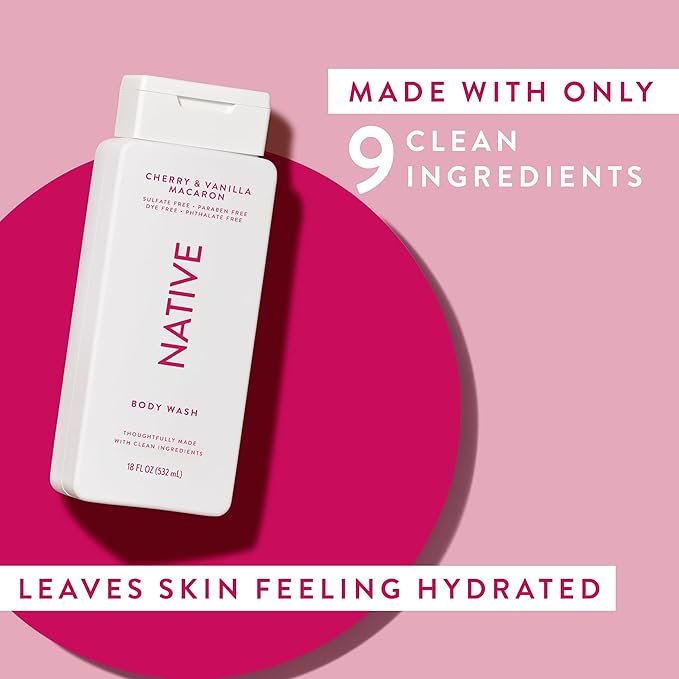 Native Body Wash Contains Naturally Derived Ingredients | For Women & Men, Sulfate, Paraben, & Dye Free Leaving Skin Soft and Hydrating | Cherry & Vanilla Macaron 18 oz
