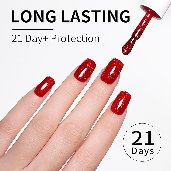 Red Glitter Gel Polish Hema Free 0.34 OZ Same Color Same Top Cover Christmas Red Reflective Sparkle UV Polish Manicure Art DIY