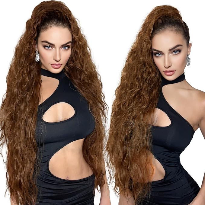 HOOJIH Ponytail Extension, 34 Inch Extra Long Drawstring Ponytail Clip in Pony Tails Hair Extension Flurry Wavy Ponytails Soft Upgraded Synthetic Fiber Fake Ponytail - Chocolate Brown