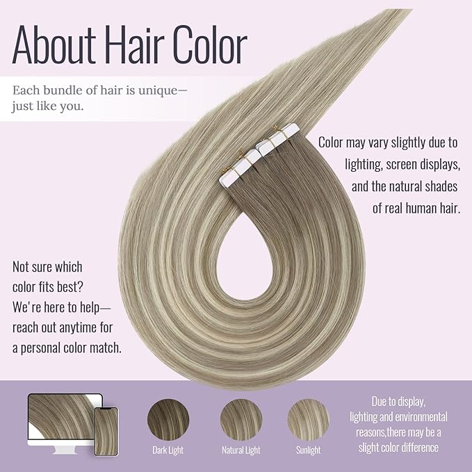 Fshine Balayage Tape in Extensions Real Human Hair 14 Inch invisible Ash Blonde Tape in Hair Extensions Seamless Straight Full Head, Adjustable & Flexible for Any Hairstyle 20 pcs 50 g