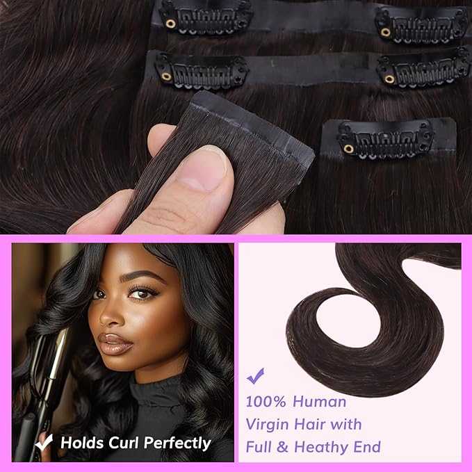 IDN BEAUTY Seamless Clip In Hair Extensions Human Hair 130g Dark Brown Real Remy Virgin Human Hair Seamless Clip Ins For Black Women PU Weft Invisible Edge Thick Soft BW 18 Inches 9Pcs