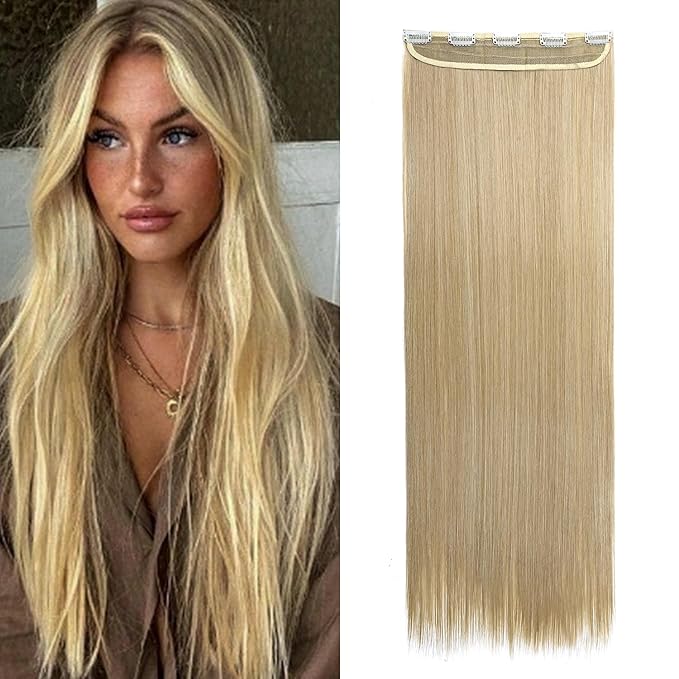 S-noilite One Piece 30" Long Straight Clip-in Hair Extensions Ash Blonde Thick Hair Piece for Women - Full Head Natural Soft Synthetic Fiber Hairpieces
