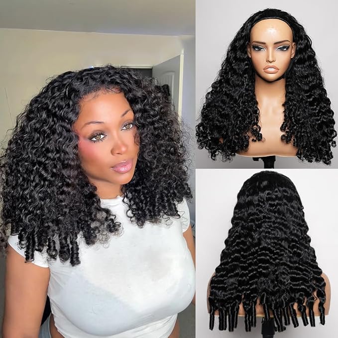 Glueless Half Wigs Human Hair Burmese Curly Headband Wig Upgrade 3 In 1 Half Wig with Drawstring Seamless Clip Ins Flip Over 200 Density Afro Wig Human Hair For Black Women 16 Inch