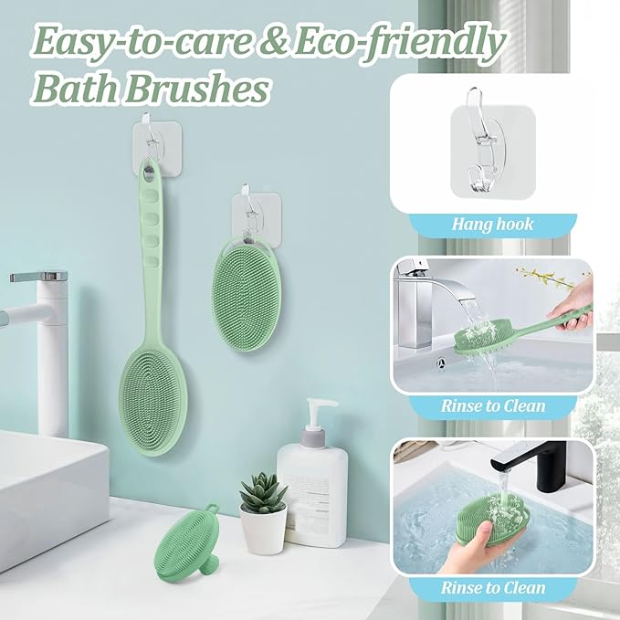 Silicone Back & Body & Face Scrubber Set 3PCS, Gentle Exfoliating Back & Body Scrubber with Dual-Side Brush Head, Hygienic Silicone Loofahs with Soft Bristle and Non-Slip Handle(Green-3PC)