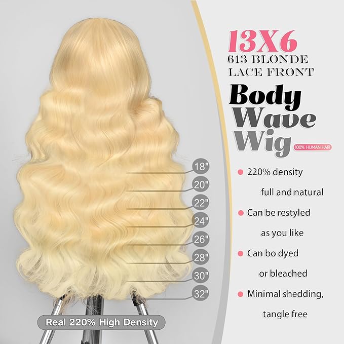 613 Lace Front Wig Human Hair 200 Density 613 13x6 Lace Front Wig Human Hair Body Wave 613 HD Lace Frontal Wig (32 Inch)