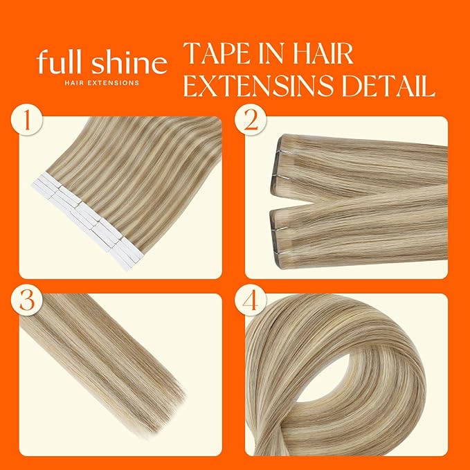 Full Shine Tape in Hair Extensions Injected Real Human Hair 20 Inch Color 16 Golden Blonde Highlight 22 Medium Blonde Natural Skin Weft Thick Tape in Extension 50 Grams 20Pcs Straight for Wedding