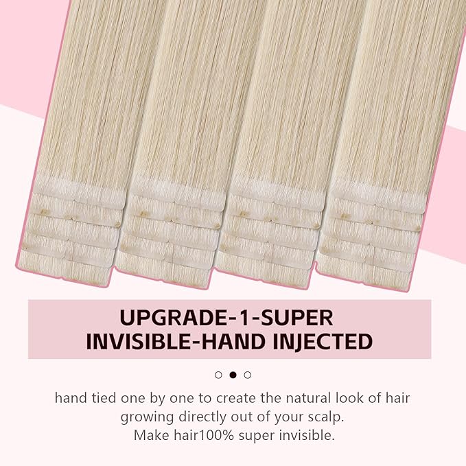 Injection Tape in Hair Extensions Real Human Hair 3rd-Generation #60 Platinum Blonde 20pcs 35g 16inch Injected Hand-Tied Invisi Edge Invisible Tape in Extensions 3rd-Generation（#60-16inch）