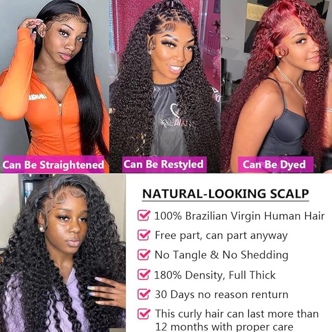 13x6 Deep Wave Lace Front Wigs Human Hair Pre Plucked 200% Density 12A Virgin Wet and Wavy Lace Frontal Human Hair Wig for black Women Deep Curly HD Transparent Lace Front Wigs (Natural Color, 18Inch)