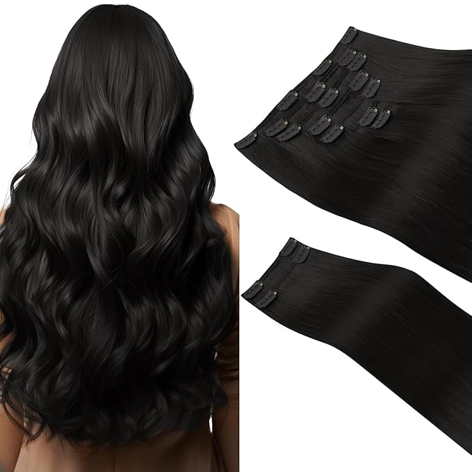 HOTBANANA Clip in Hair Extensions Real Human Hair, 150g 9pcs 24 inch Natural Black Straight Remy Clip in Extensions Full Head for Women
