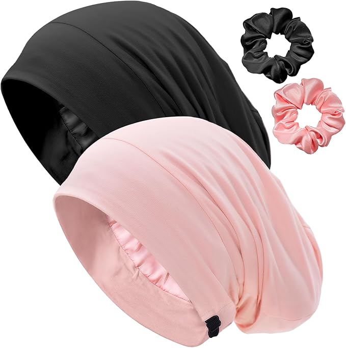 Satin Lined Bonnet for Sleeping Women Men - Adjustable Sleep Cap, Slouchy Beanie Hair Wrap for Curly Braid Locs