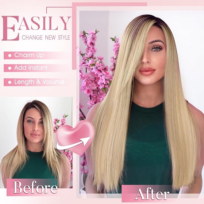 Clip in Hair Extensions Long Straight Synthetic Light Brown mix Golden Blonde 4 PCS Thick Hair Extensions Fiber Double Weft Hair Pieces for women 22 Inch