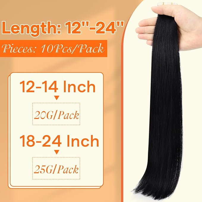 Full Shine Tape in hair Extensions Invisible Virgin Color 1 Black 10Pcs Injected Tape in Real Human hair Extensions Silky Straight Seamless Skin Weft 22 Inch Natural 25Gram Add Length for Wedding