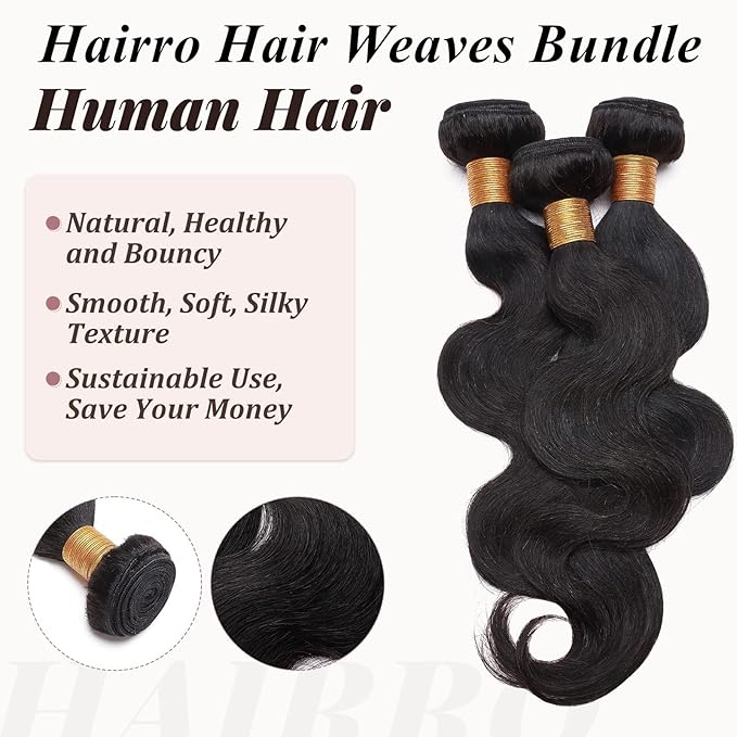 Hairro Sew in Hair Extensions Real Human Hair, 100g/bundle Weave Weft for Women Adding Volume and Length, for DIY Beauty Dating Party, 20 Inch 3 Bundles Body Wave #1B Natural Black