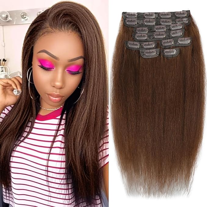 Brown Kinky Straight Clip ins 14 Inch Kinky Straight Clip in Hair Extensions Real Human Hair Brazilian Remy Human Hair Extensions for Women 8Pcs 100g Per Set with 20 Clips Double Weft Natural Black