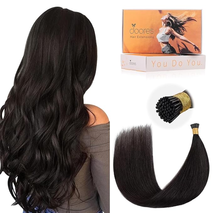 DOORES I Tip Hair Extensions, Dark Brown 50g/100s 14 Inch, I Tips Hair Extensions Human Hair Real Hair Extensions Invisible I Tips Extensions Cold Fusion Hair Extensions Straight Natural Hair
