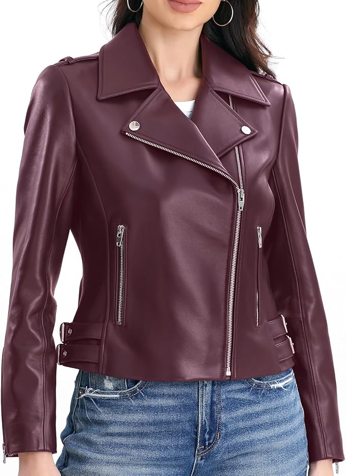 Lambskin Leather Jacket Women,Motorcycle Jacket,Asymmetrical Zip Style,Buckle Belts,Quilted Details