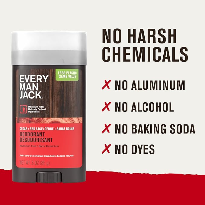 Every Man Jack Cedar & Red Sage Men’s Deodorant - Stay Fresh with Aluminum Free Deodorant For all Skin Types - Odor Crushing, Long Lasting, with Naturally Derived Ingredients - 3 oz - 4 Pack