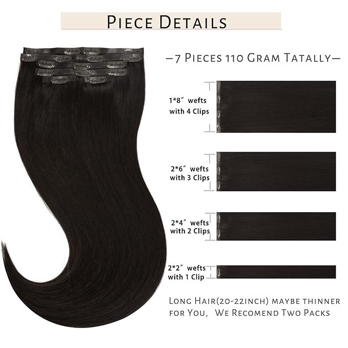 Caliee Human Hair Extensions - 7Pcs Invisible PU Weft Clip-in, Dark Brown, 22 Inch, 110G Seamless, Fluffy & Not Tangled for Short Hair
