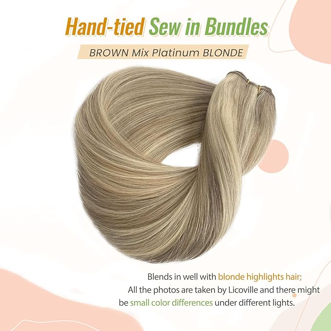 Licoville Hair Weft Extensions Human Hair Light Ash Blonde and Platinum Real Human Hair Bundles Sew in Hair Extensions Straight 22 Inch 120G Thick and Full Blonde Highlight Hair Wefts for Women