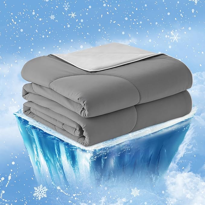 Cozy Bliss Cooling Comforter Twin Size, Cooling Blankets for Hot Sleepers and Night Sweats, Dark Light Gray Summer Comforter for Twin Size Bed, Breathable Soft Lightweight Silk Smooth