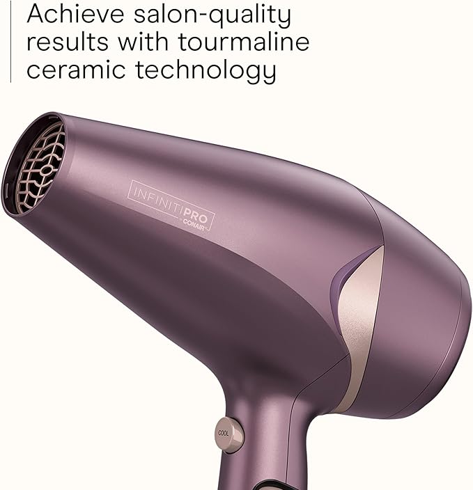 Infiniti PRO CONAIR Style & Shine Hair Dryer with Diffuser and Concentrator, 1875W Style & Shine Blow Dryer with Tourmaline and Ionic Conditioning to Fight Frizz, 3 Heat & 2 Speed Settings, Purple