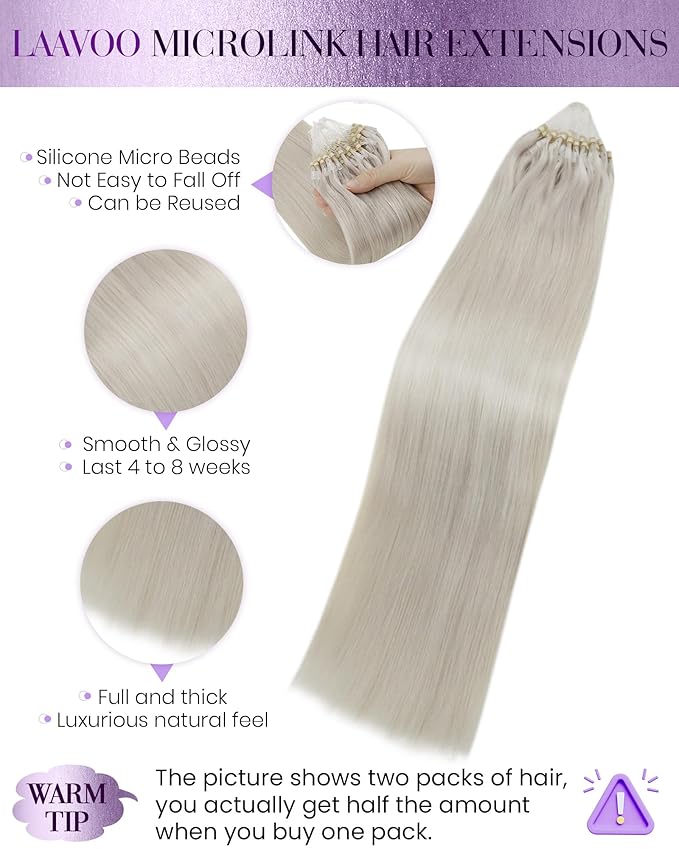 LaaVoo Micro Link Hair Extensions Human Hair Platinum Blonde Micro Loop Hair Extension Real Human Hair Micro Ring Extensions Blonde 50g/50s 16 Inch