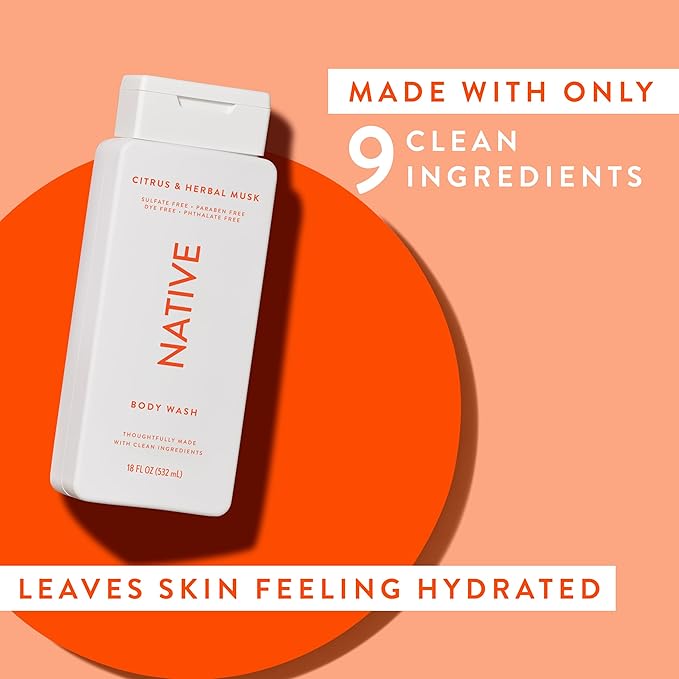 Native Body Wash Contains Naturally Derived Ingredients | For Women & Men, Sulfate, Paraben, & Dye Free Leaving Skin Soft and Hydrated | Citrus & Herbal Musk 18 oz