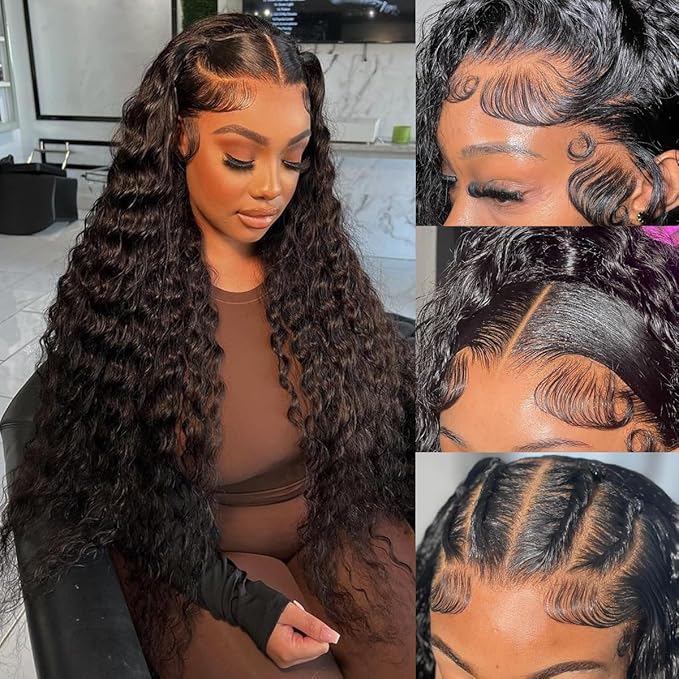 24 Inch Deep Wave Lace Front Wigs Human Hair 200 Density 13x4 Lace Frontal Wigs Human Hair Pre Plucked Deep Curly Wigs Human Hair for Women Nature Black