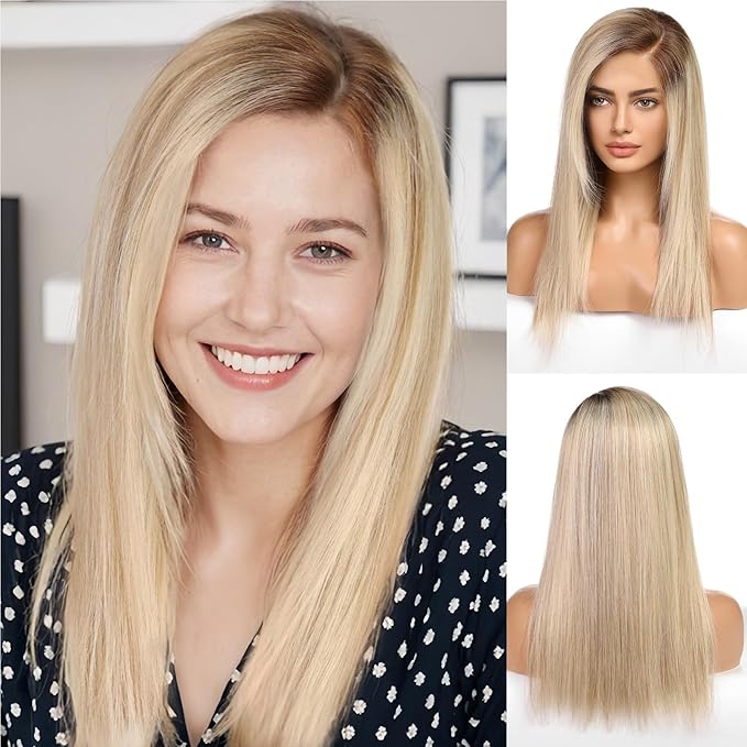 KKU 18 Inch Ombre Golden Brown Human Hair Wigs for Women,Layered Straight Hair Wig with Side Bangs,Wear Natural Realism