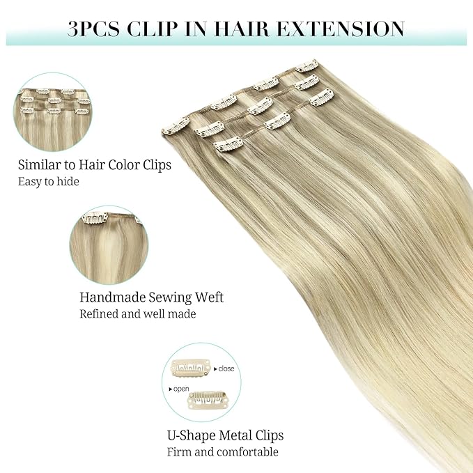DOORES Clip in Hair Extensions, 70g 3pcs Balayage Ash Blonde to Golden Blonde and Platinum Blonde 22 Inch Human Hair Extensions Clip in Natural Hair Extensions